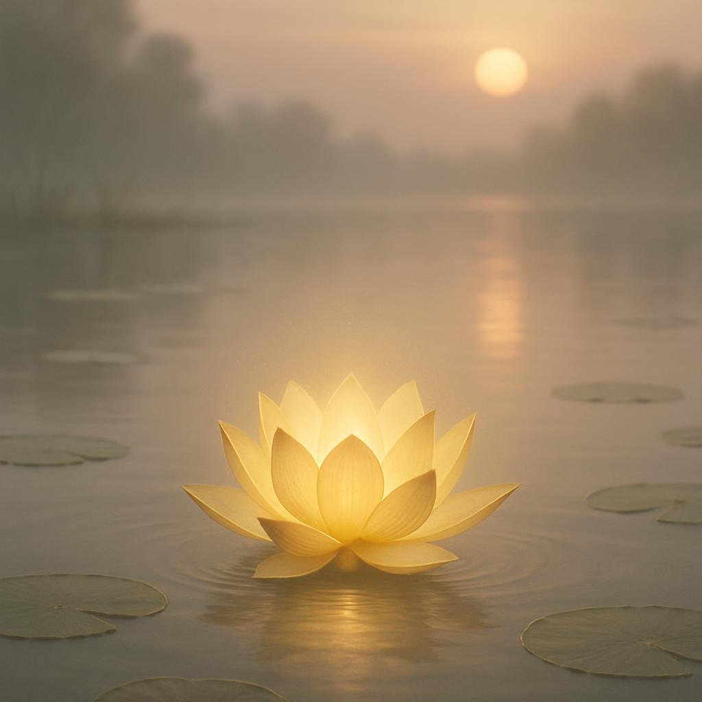 A serene and golden lotus flower floats in the misty water, surrounded by ripples on the surface and circular lily pads.